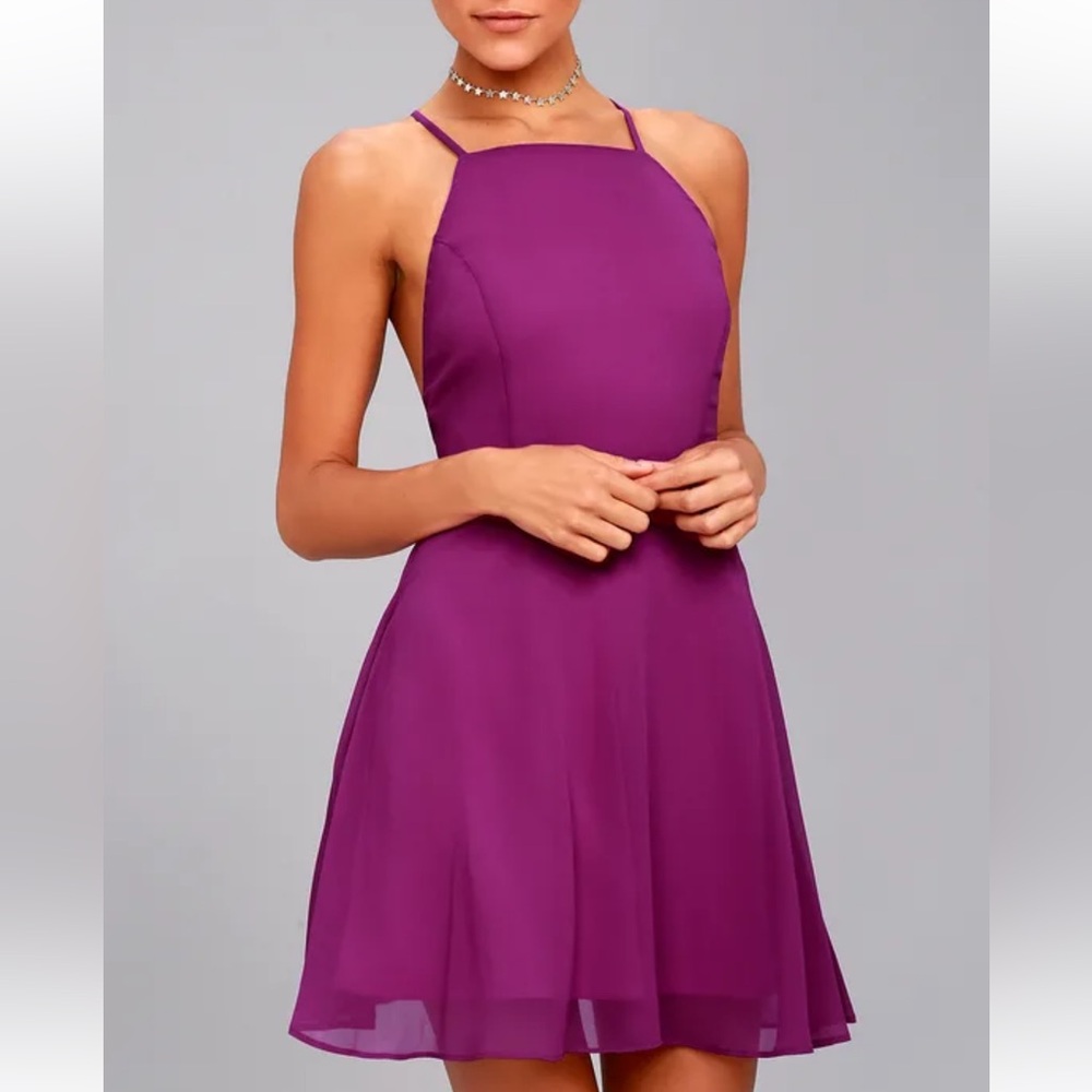 Lulus Wedding Guest Dress Magenta Backless Skater Dress, NWT, Size S